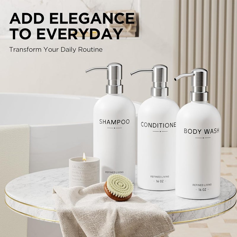 Aeakey Shampoo and Conditioner Dispenser Set,3 Refillable 16oz Bottles with Stainless Steel Pumps – Shower Soap Dispensers for Bathroom, Hotel or Airbnb (Silver, 3-Pack) - Image 3